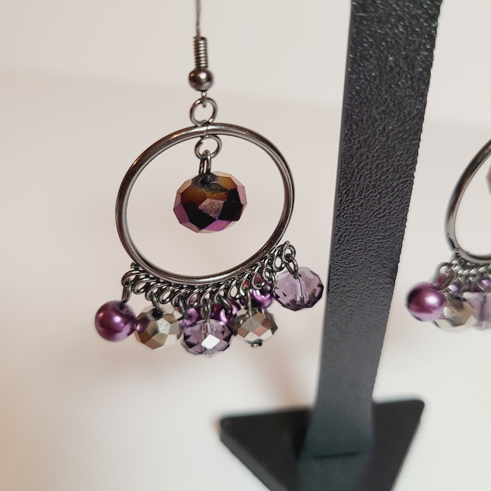 Purple & Gunmetal Beaded Hoop Dangle Earrings – Statement Boho Glam - Picture 2 of 4